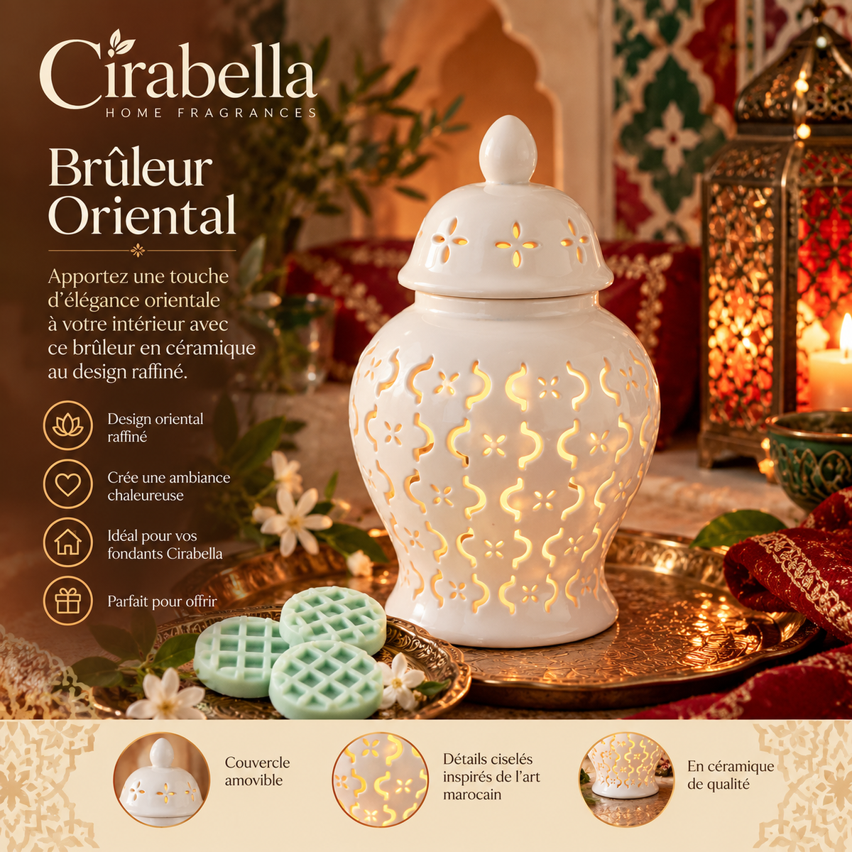 Brûleur Oriental – Céramique blanche ajourée